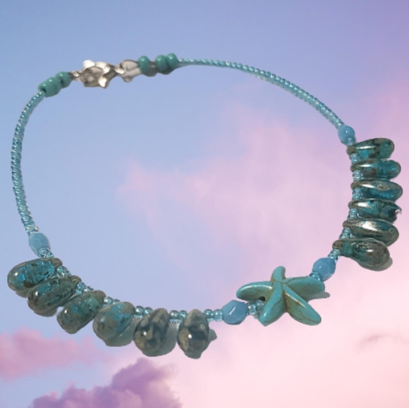 Turquoise color starfish anklet is 9 inches " Handcrafted by Queen2Bohemian - Picture 1 of 9